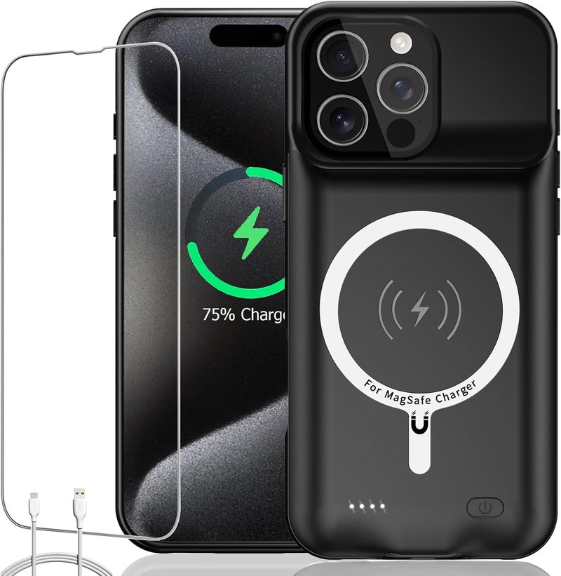 KCKEBLM Battery Case for iPhone 15 Pro Max, Full Encircle 12000mAh Capacity Rechargeable Portable Charger Case Extended Battery Pack for iPhone 15 Pro Max(6.7 inch) Wireless Charging Case with Carplay-Black - Image 1